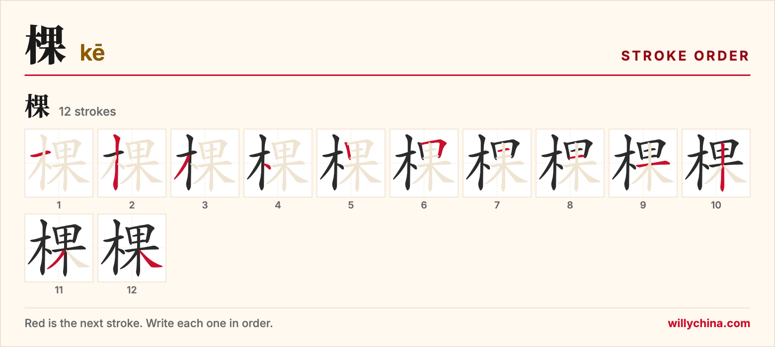 棵 (kē) stroke order chart: each stroke of the character in the order you write it