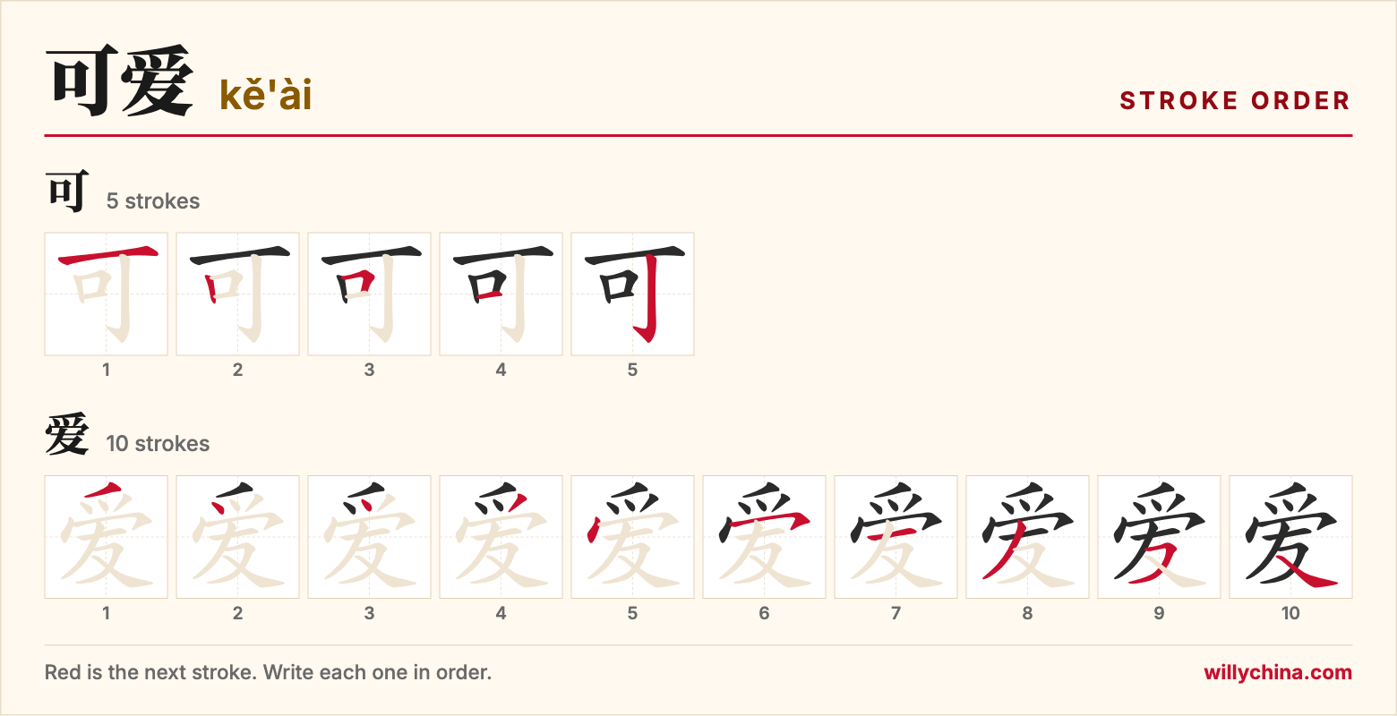 可爱 (kě'ài) stroke order chart: each stroke of the characters in the order you write them