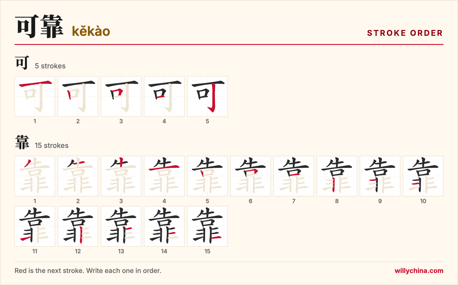 可靠 (kěkào) stroke order chart: each stroke of the characters in the order you write them