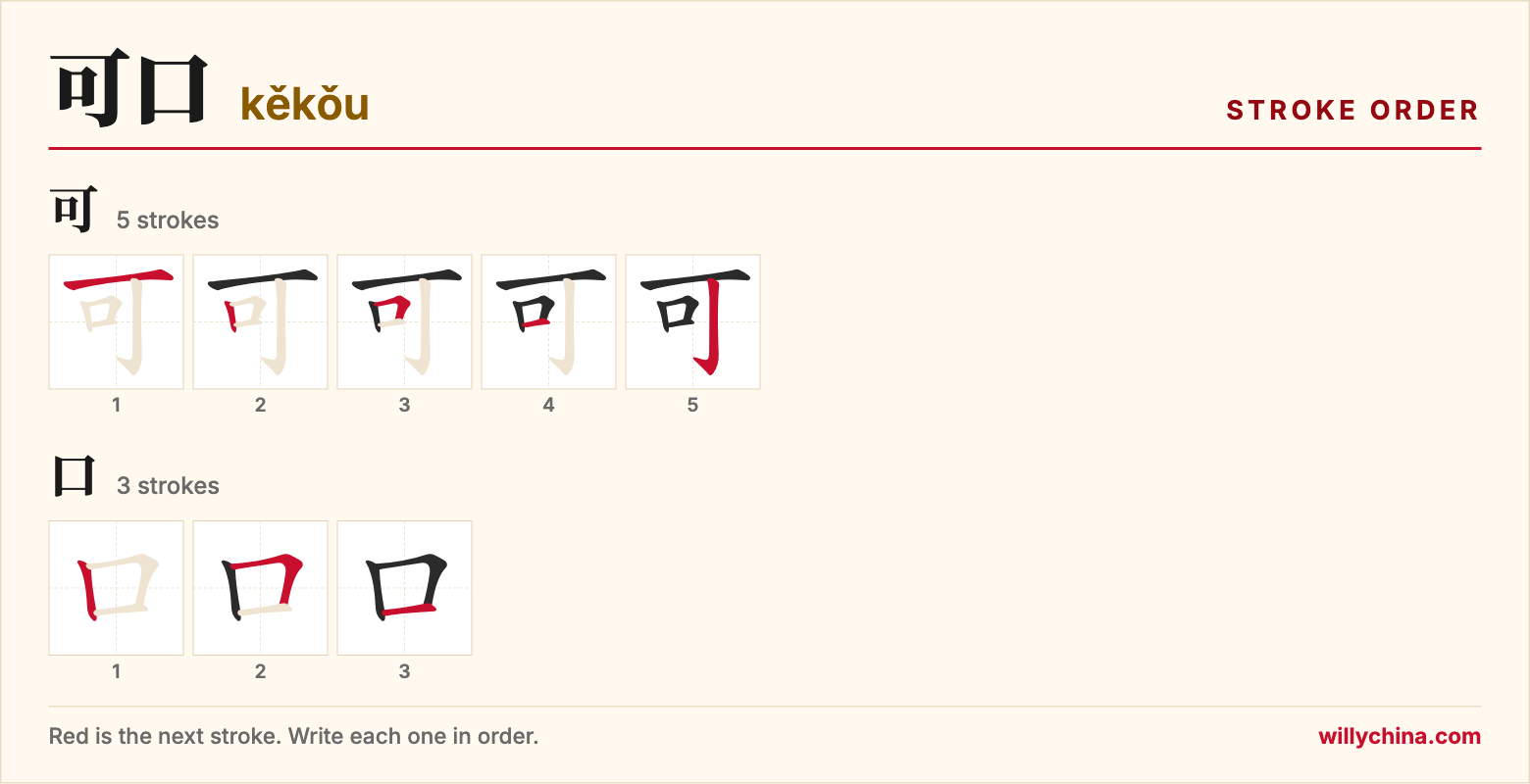 可口 (kěkǒu) stroke order chart: each stroke of the characters in the order you write them