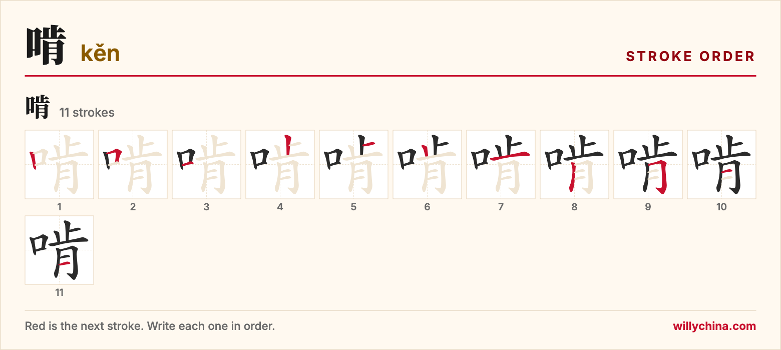 啃 (kěn) stroke order chart: each stroke of the character in the order you write it