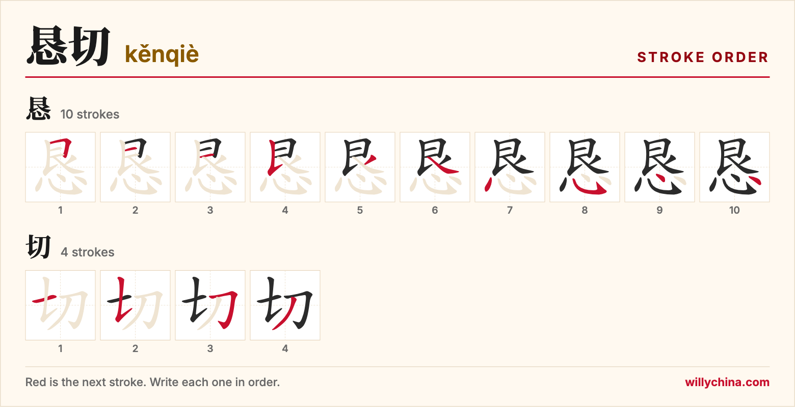恳切 (kěnqiè) stroke order chart: each stroke of the characters in the order you write them