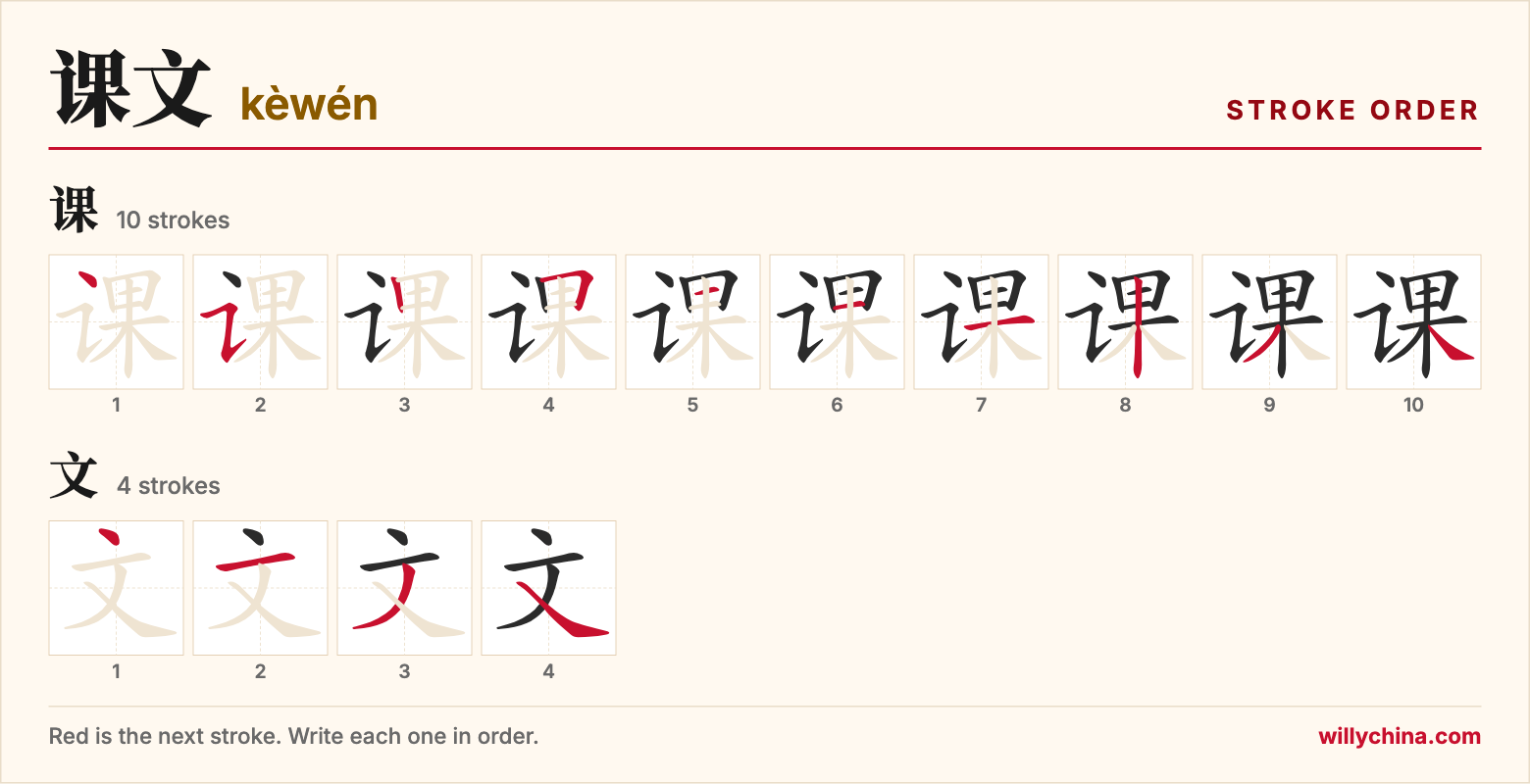 课文 (kèwén) stroke order chart: each stroke of the characters in the order you write them