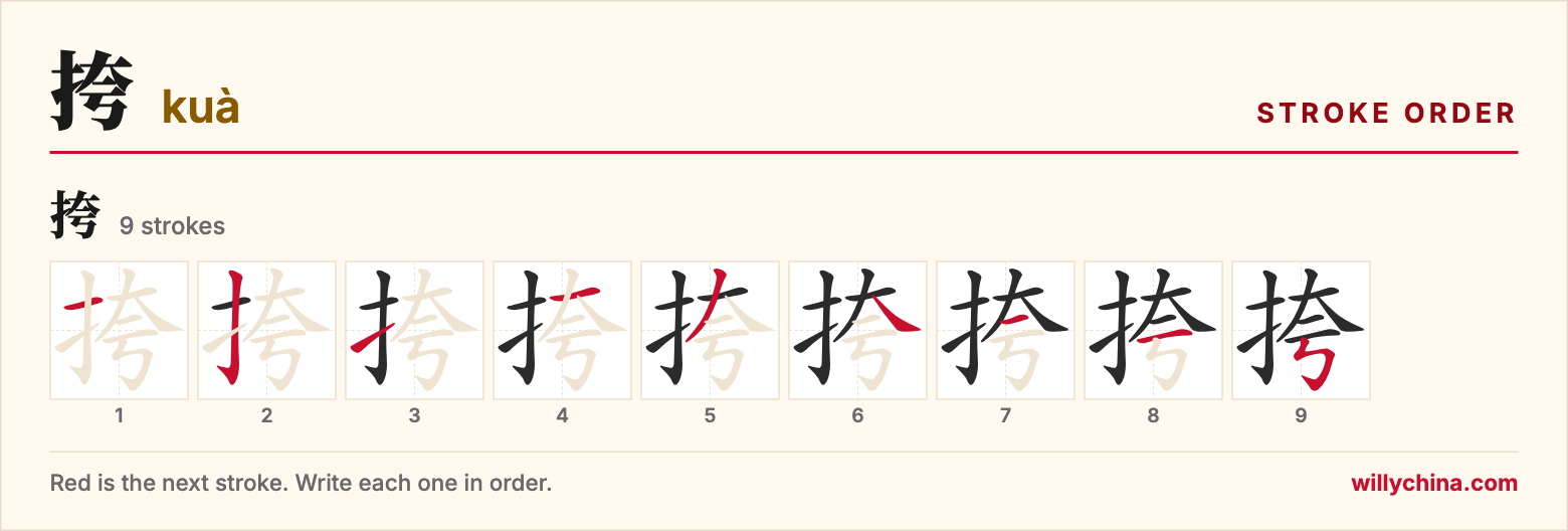 挎 (kuà) stroke order chart: each stroke of the character in the order you write it