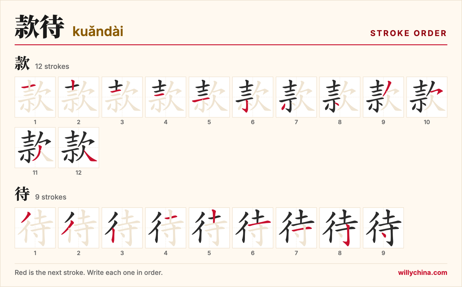 款待 (kuǎndài) stroke order chart: each stroke of the characters in the order you write them