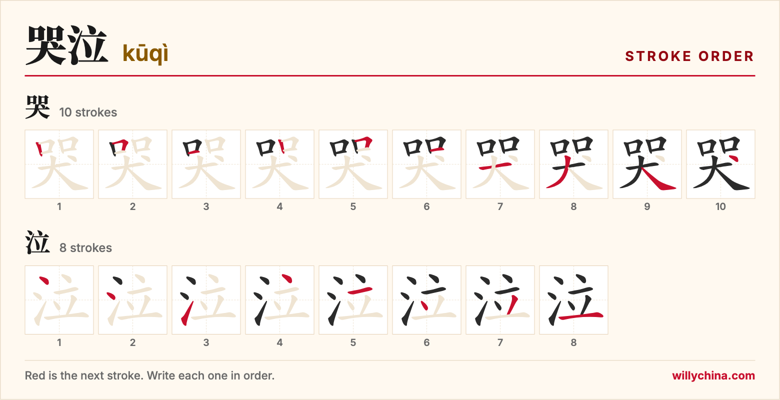 哭泣 (kūqì) stroke order chart: each stroke of the characters in the order you write them