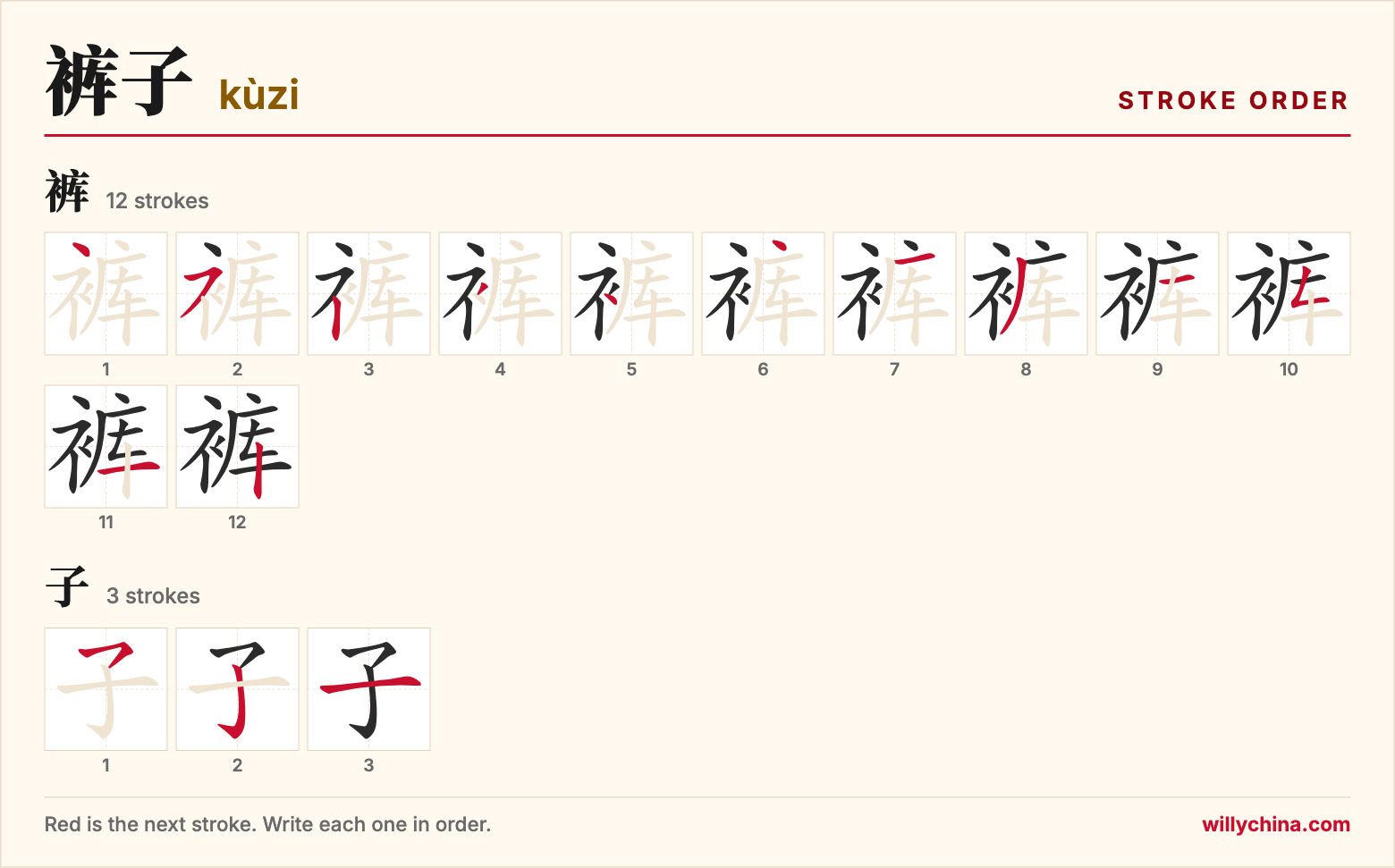 裤子 (kùzi) stroke order chart: each stroke of the characters in the order you write them