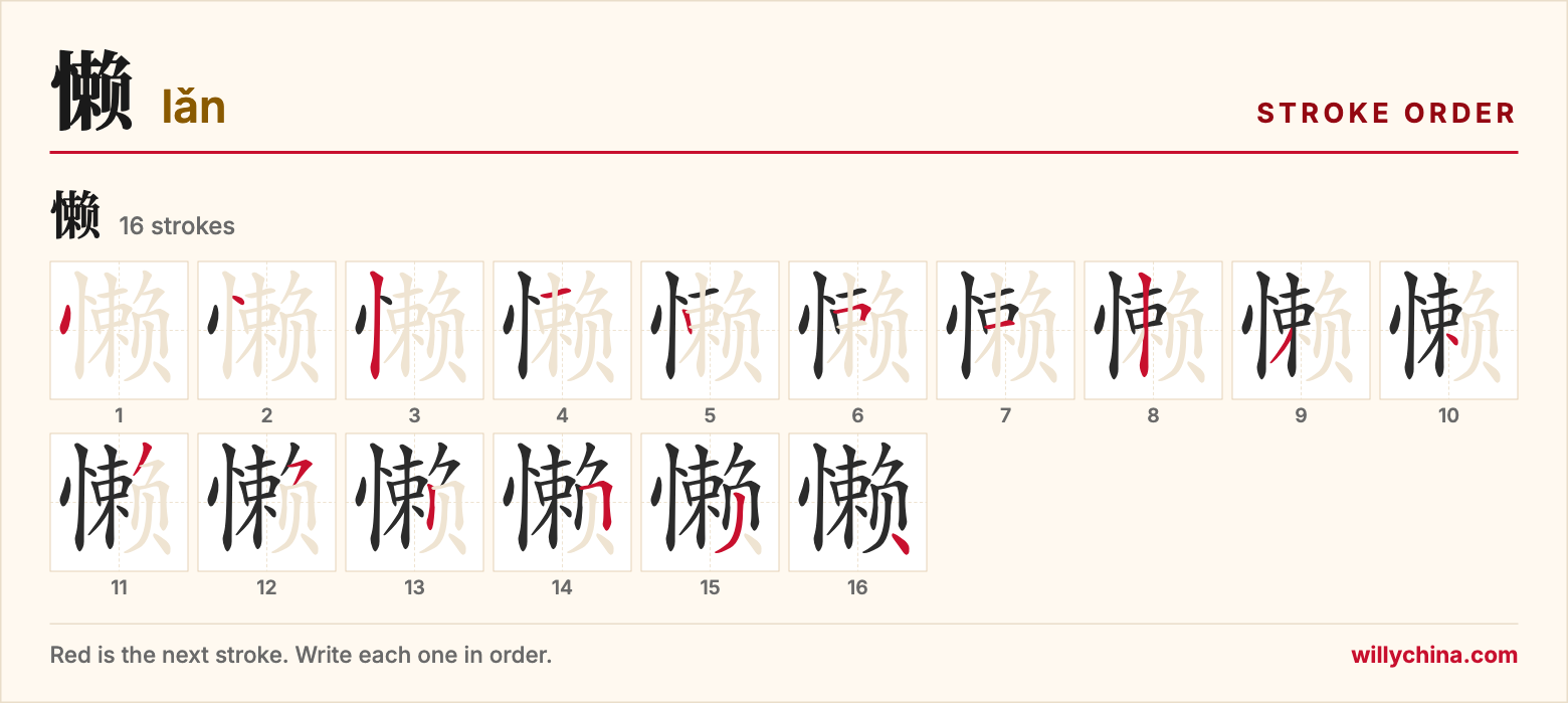 懒 (lǎn) stroke order chart: each stroke of the character in the order you write it