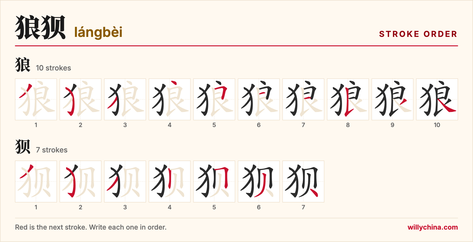 狼狈 (lángbèi) stroke order chart: each stroke of the characters in the order you write them