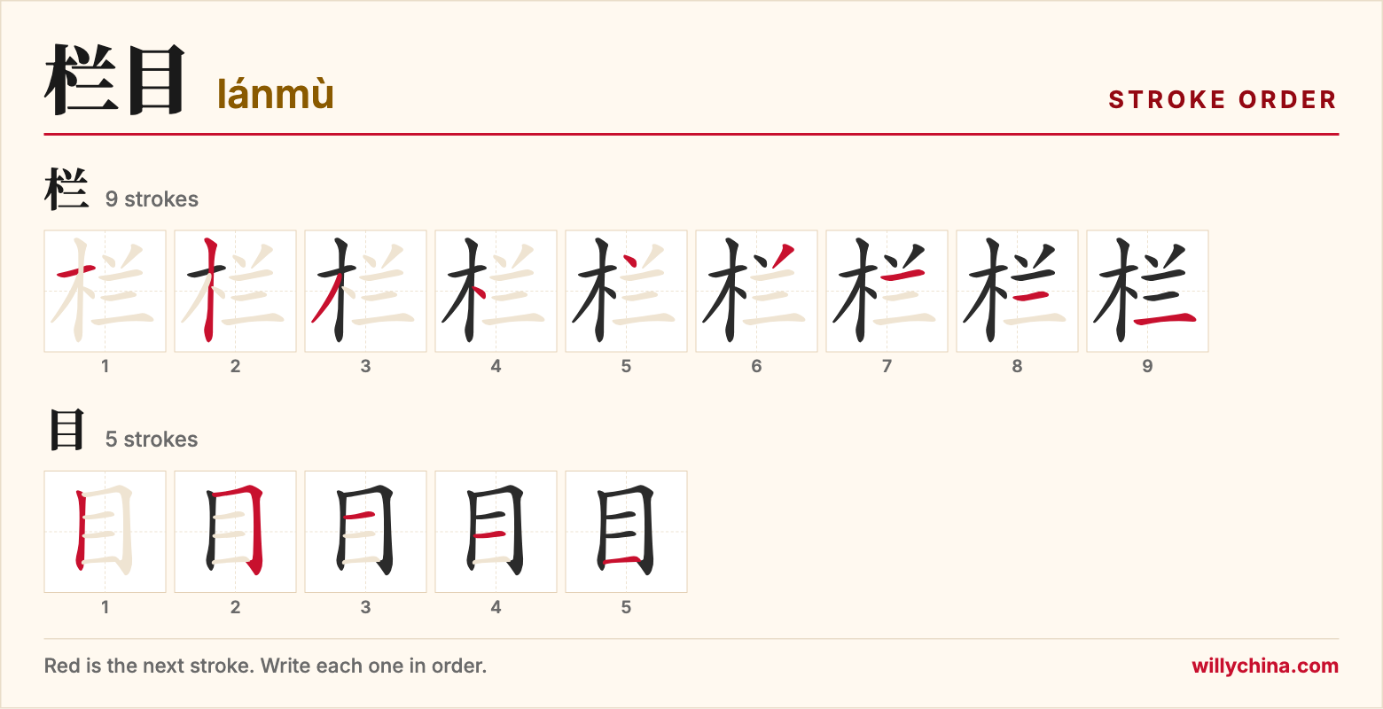 栏目 (lánmù) stroke order chart: each stroke of the characters in the order you write them