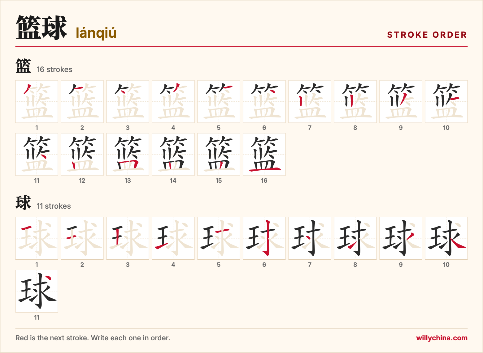篮球 (lánqiú) stroke order chart: each stroke of the characters in the order you write them