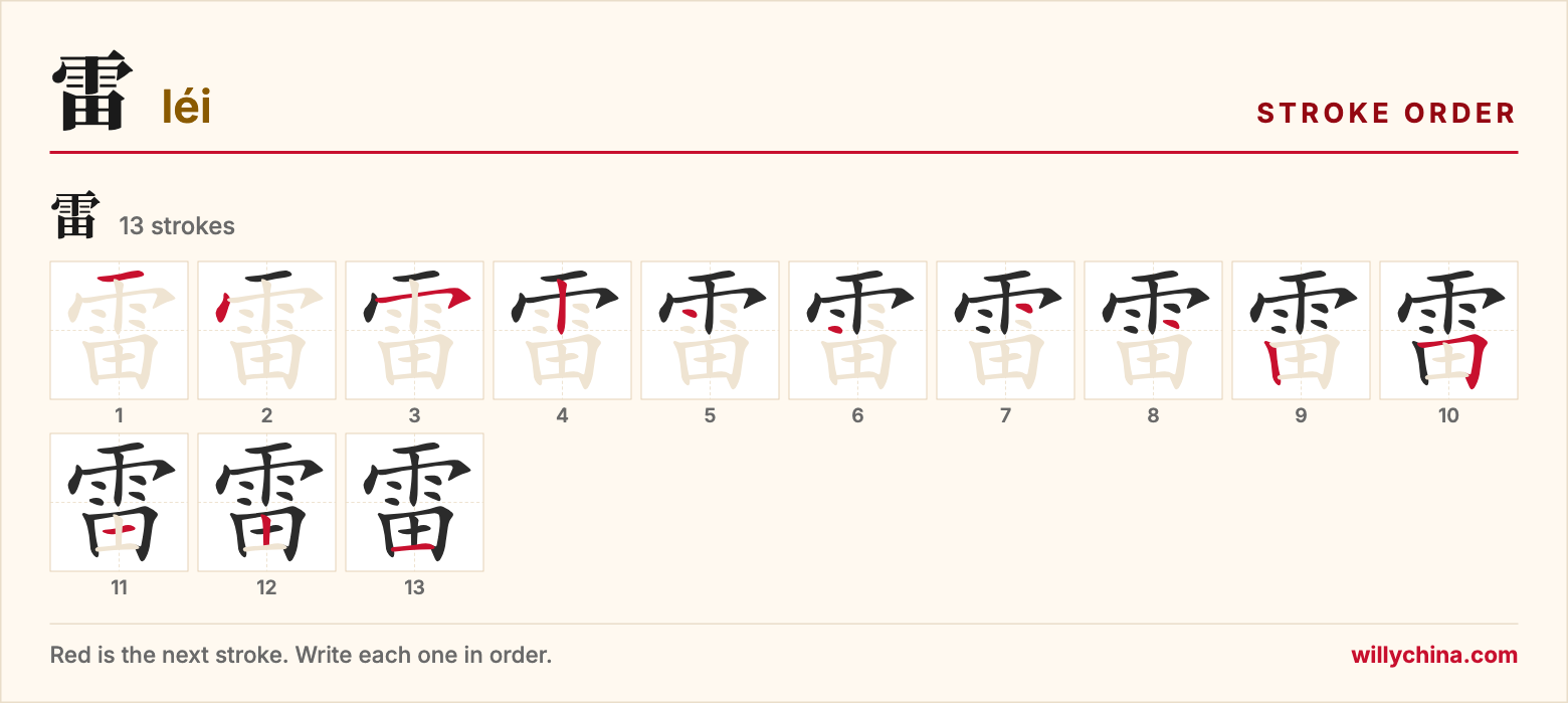 雷 (léi) stroke order chart: each stroke of the character in the order you write it