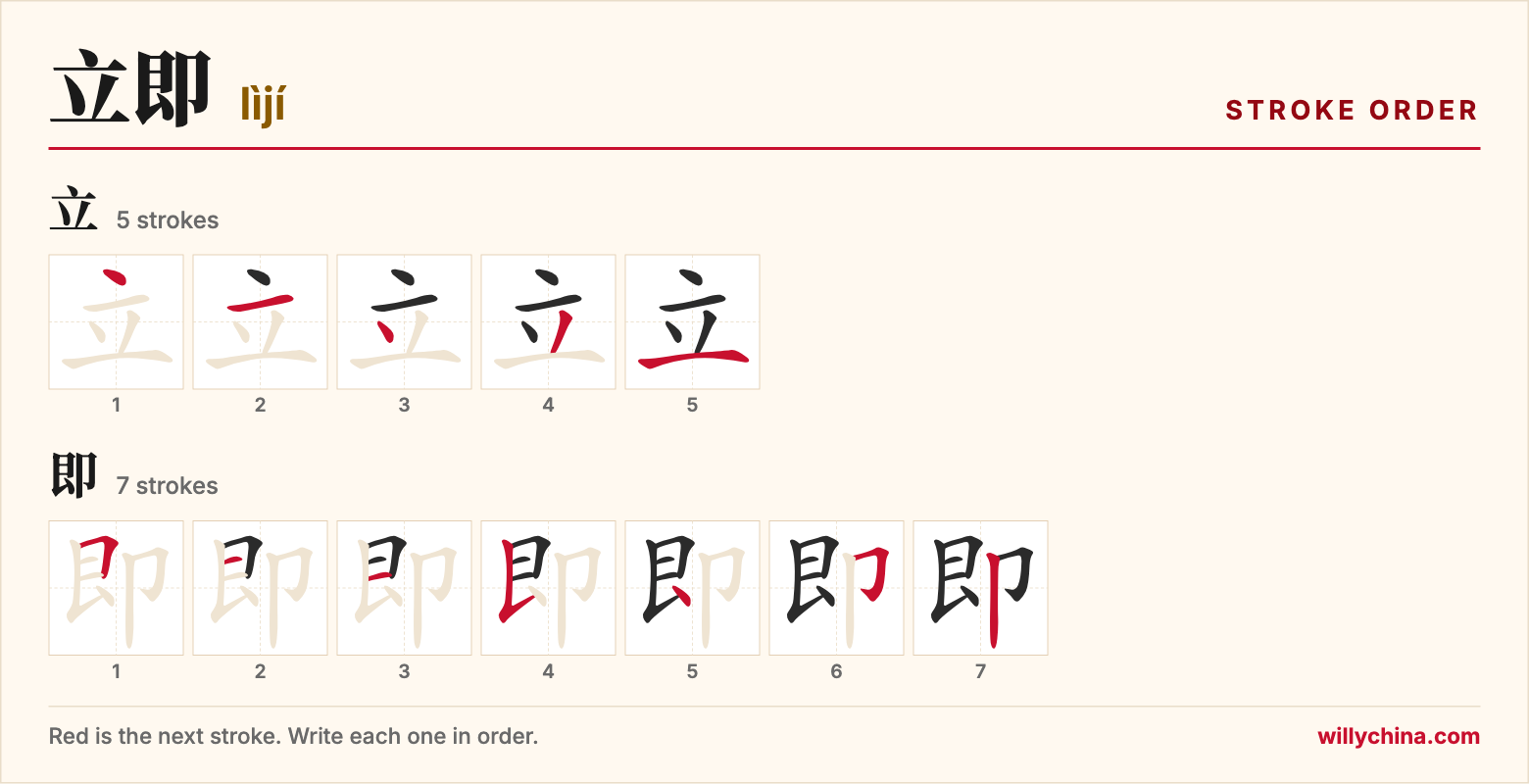立即 (lìjí) stroke order chart: each stroke of the characters in the order you write them