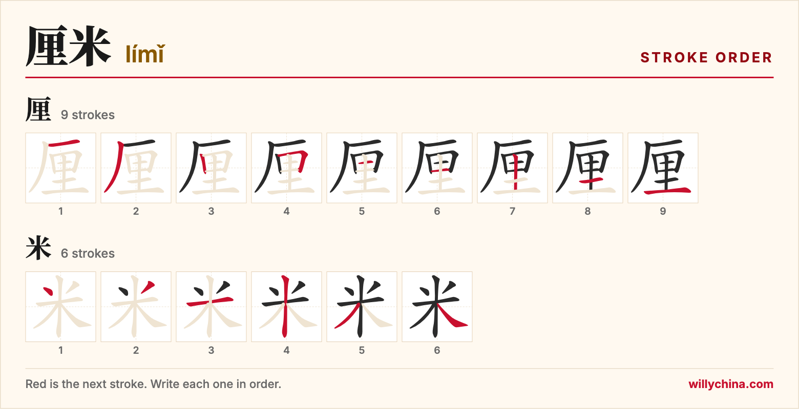 厘米 (límǐ) stroke order chart: each stroke of the characters in the order you write them