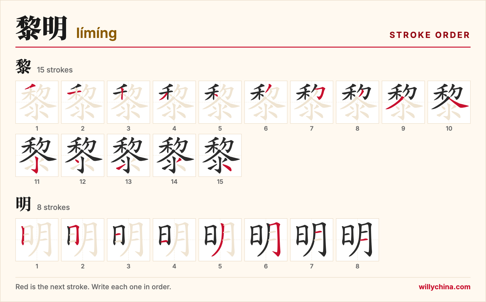 黎明 (límíng) stroke order chart: each stroke of the characters in the order you write them