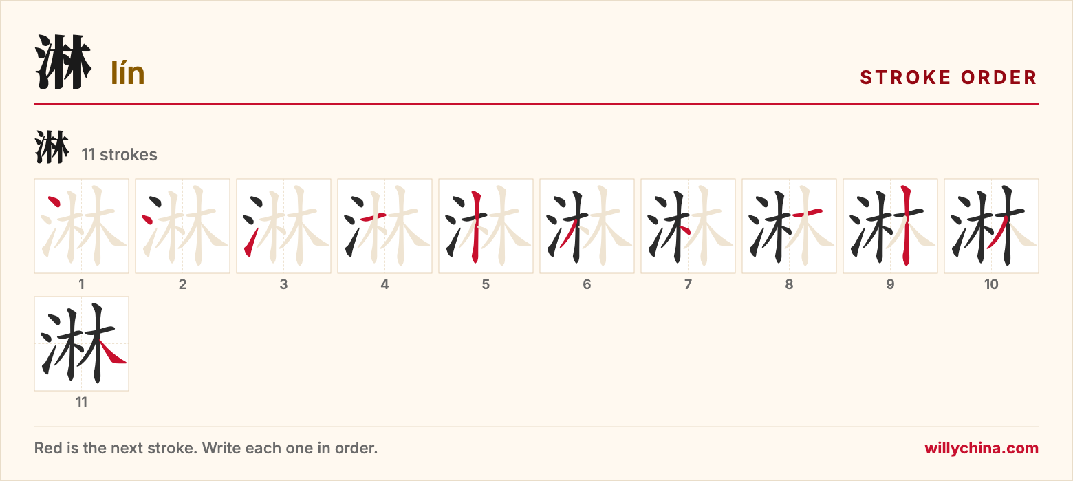 淋 (lín) stroke order chart: each stroke of the character in the order you write it