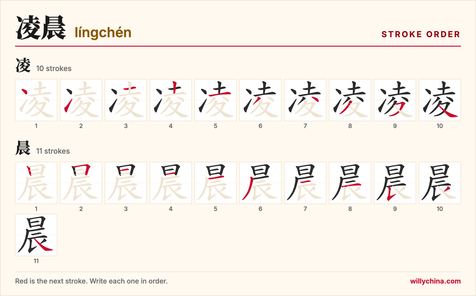 凌晨 (língchén) stroke order chart: each stroke of the characters in the order you write them