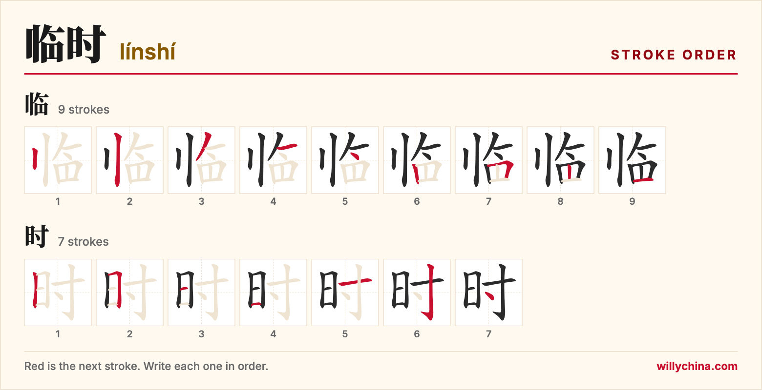 临时 (línshí) stroke order chart: each stroke of the characters in the order you write them