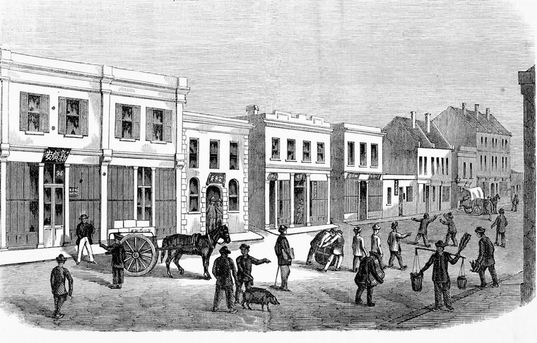 A wood engraving of Little Bourke Street, Melbourne, in 1863: two-storey shopfronts, Chinese men carrying baskets on shoulder poles, a cart and horse.