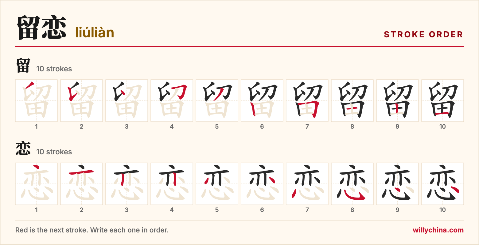 留恋 (liúliàn) stroke order chart: each stroke of the characters in the order you write them
