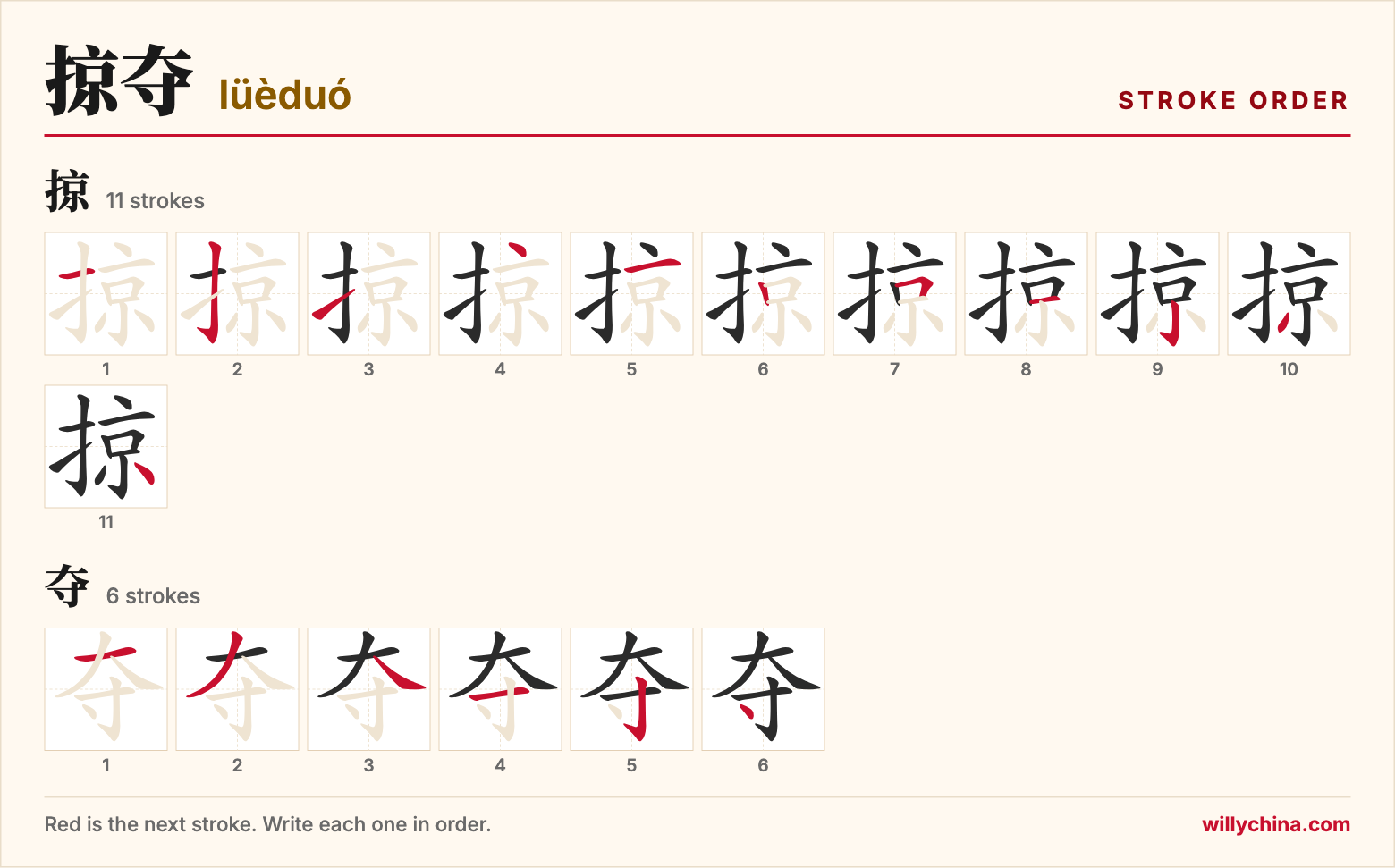 掠夺 (lüèduó) stroke order chart: each stroke of the characters in the order you write them