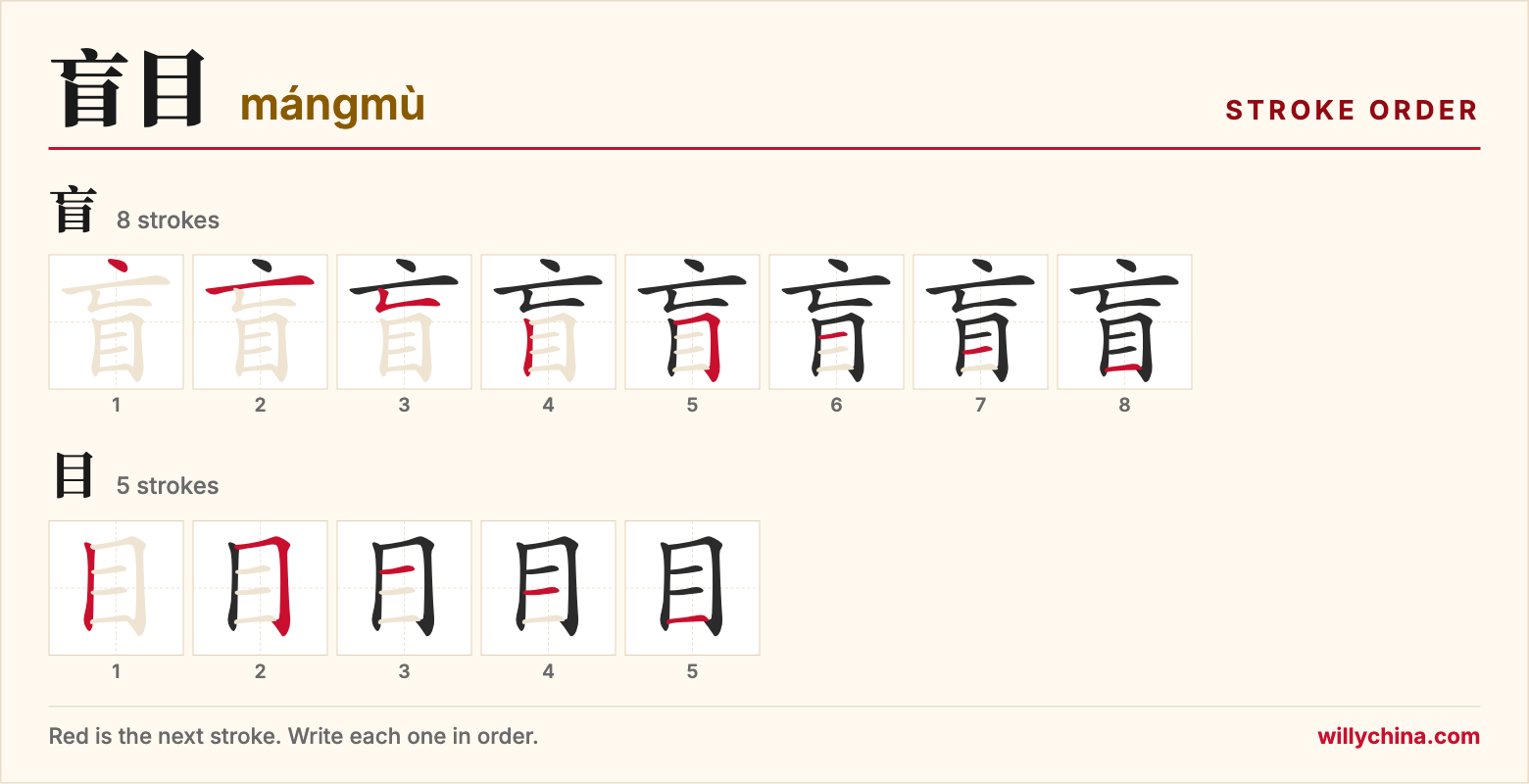盲目 (mángmù) stroke order chart: each stroke of the characters in the order you write them
