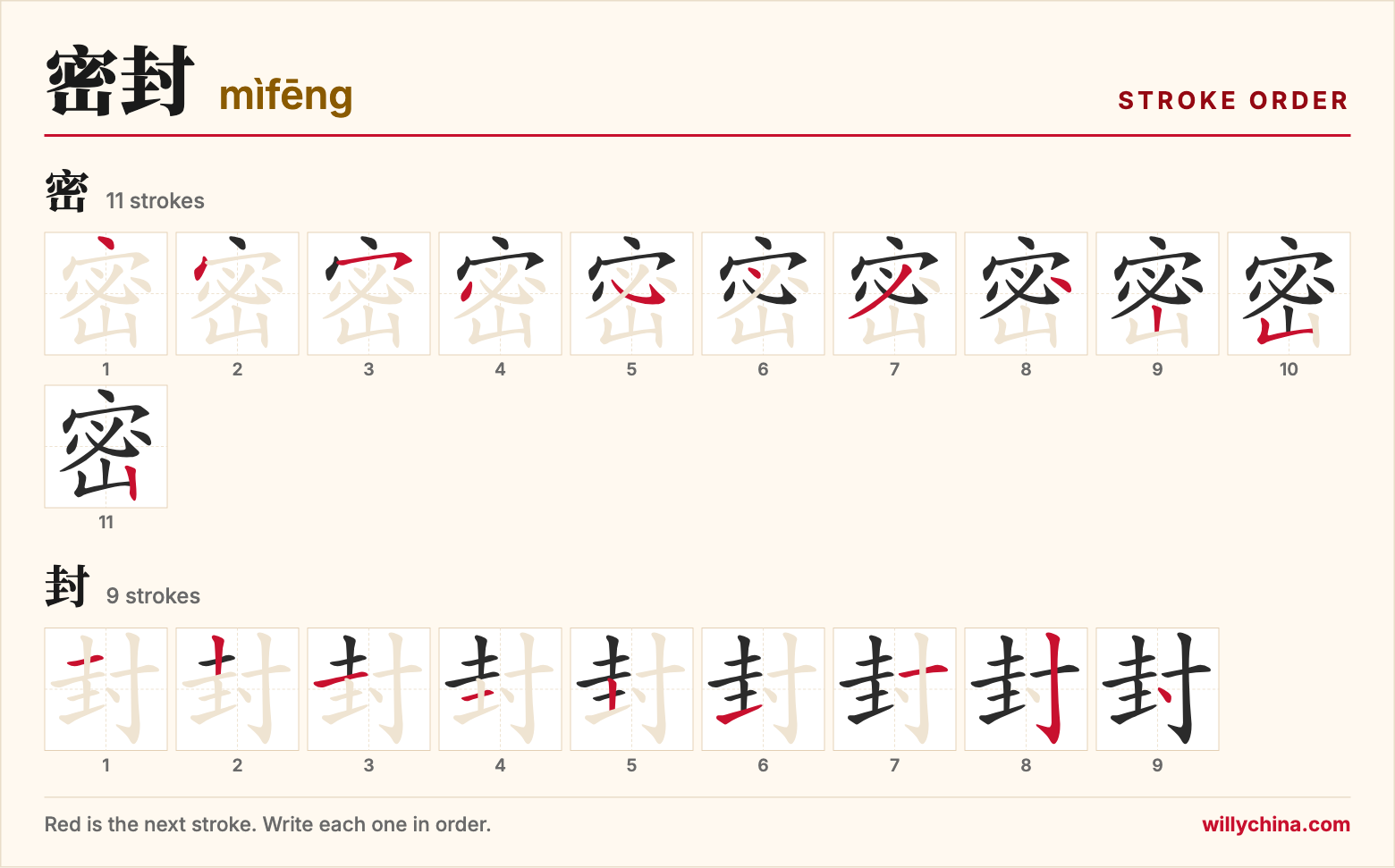 密封 (mìfēng) stroke order chart: each stroke of the characters in the order you write them