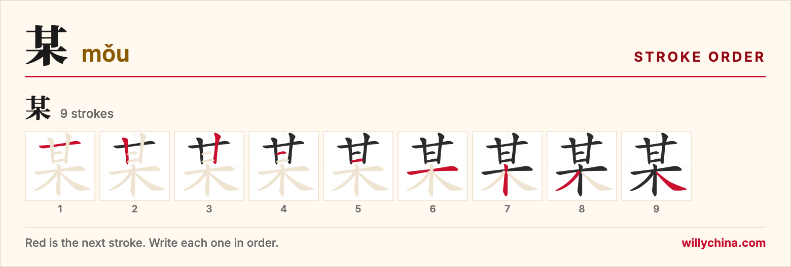 某 (mǒu) stroke order chart: each stroke of the character in the order you write it