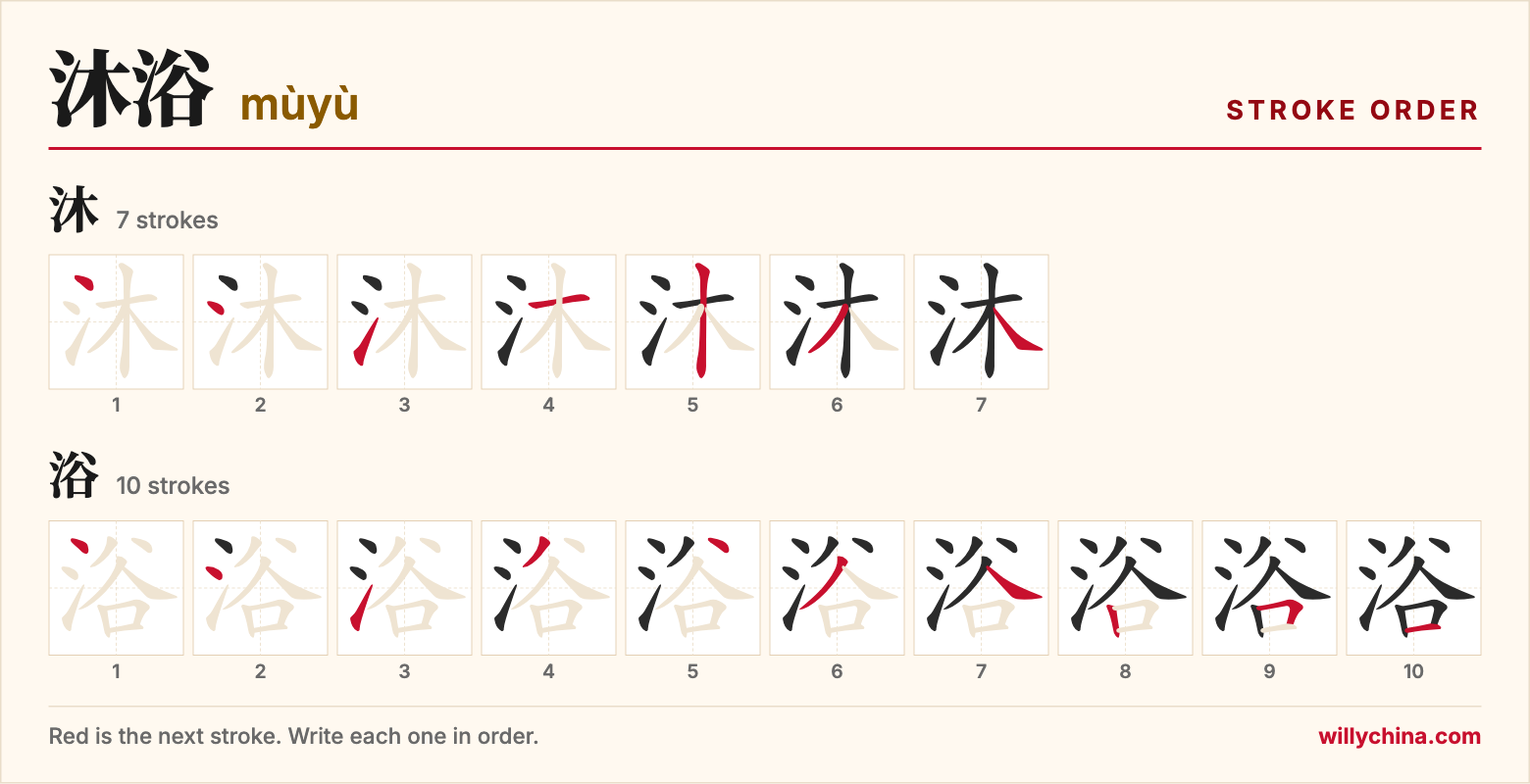 沐浴 (mùyù) stroke order chart: each stroke of the characters in the order you write them