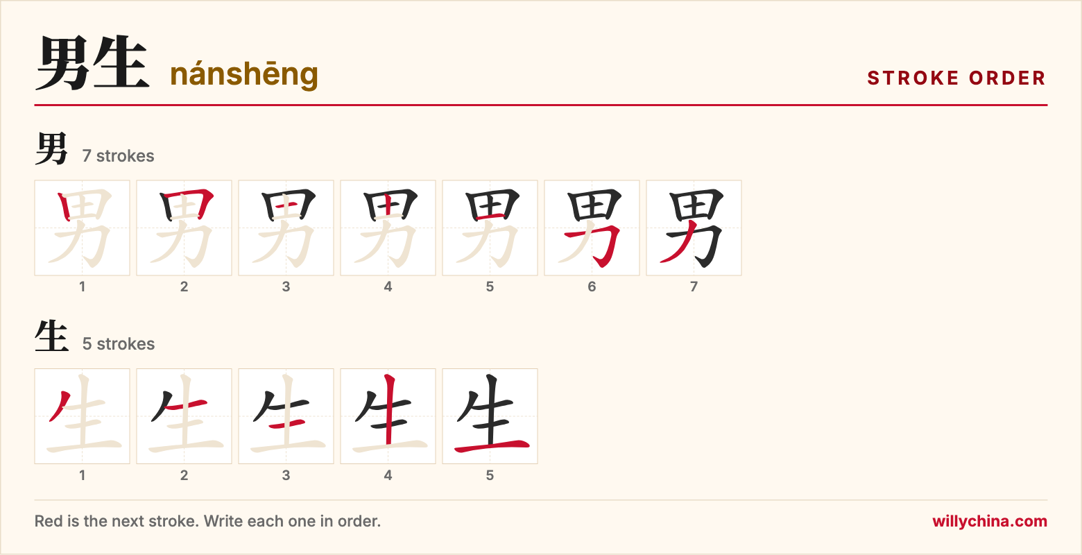 男生 (nánshēng) stroke order chart: each stroke of the characters in the order you write them