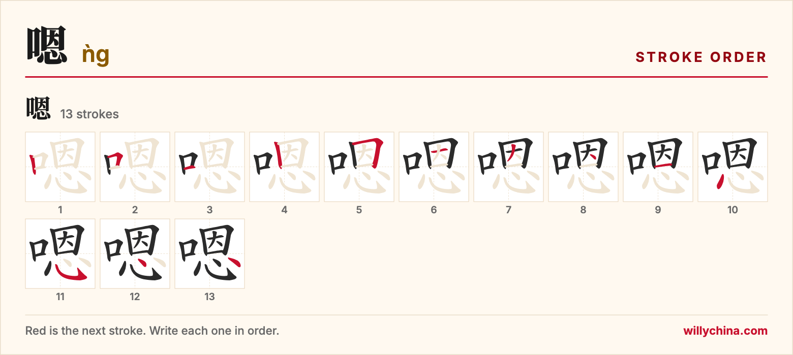 嗯 (ǹg) stroke order chart: each stroke of the character in the order you write it