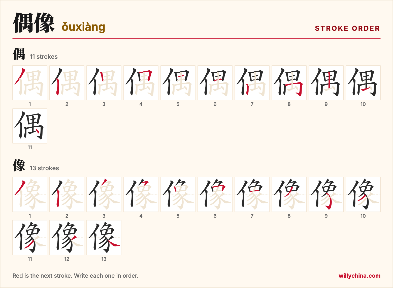 偶像 (ǒuxiàng) stroke order chart: each stroke of the characters in the order you write them