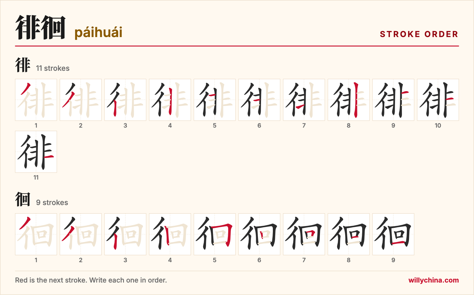 徘徊 (páihuái) stroke order chart: each stroke of the characters in the order you write them
