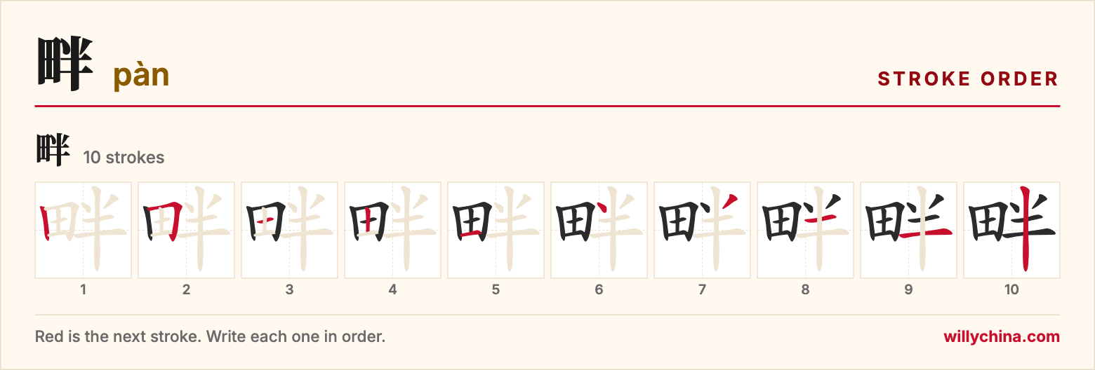 畔 (pàn) stroke order chart: each stroke of the character in the order you write it