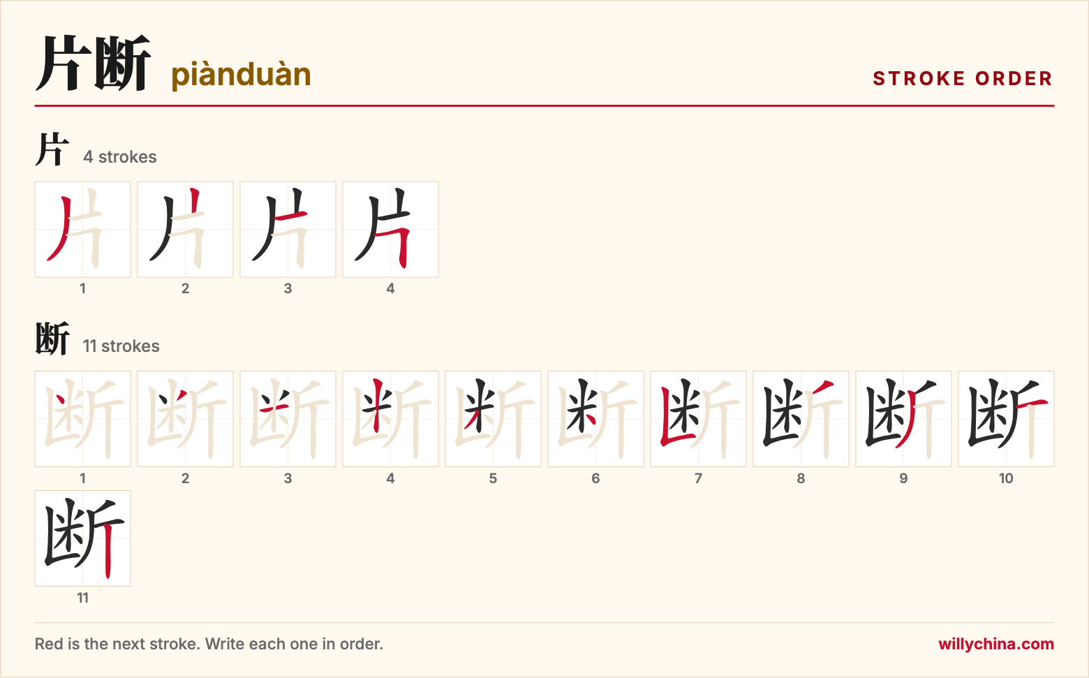 片断 (piànduàn) stroke order chart: each stroke of the characters in the order you write them