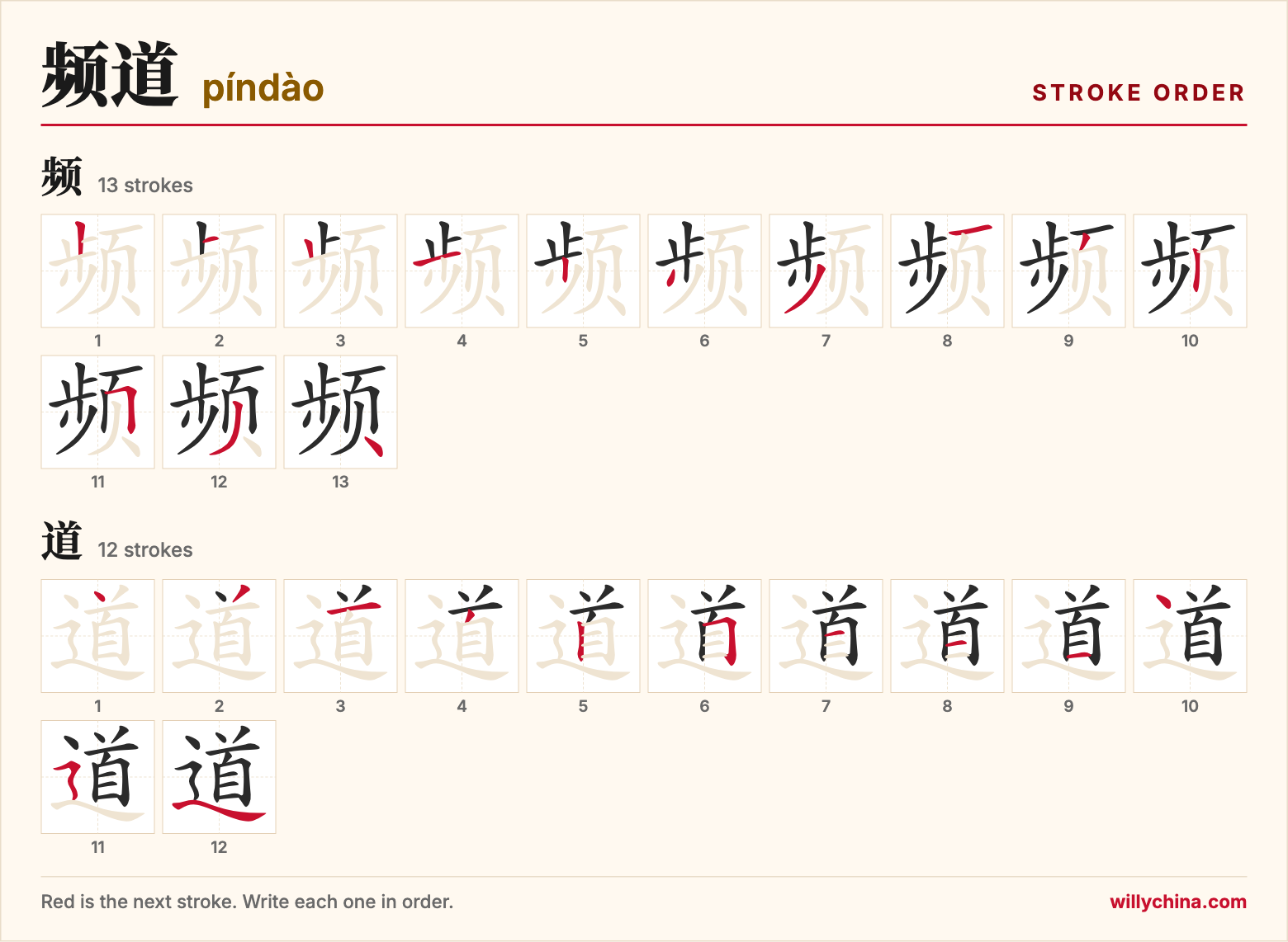 频道 (píndào) stroke order chart: each stroke of the characters in the order you write them