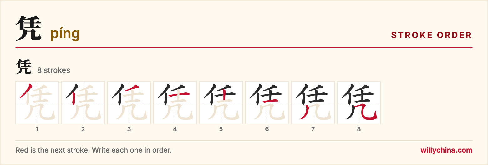 凭 (píng) stroke order chart: each stroke of the character in the order you write it