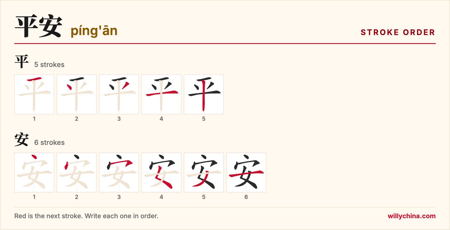 平安 (píng'ān) stroke order chart: each stroke of the characters in the order you write them
