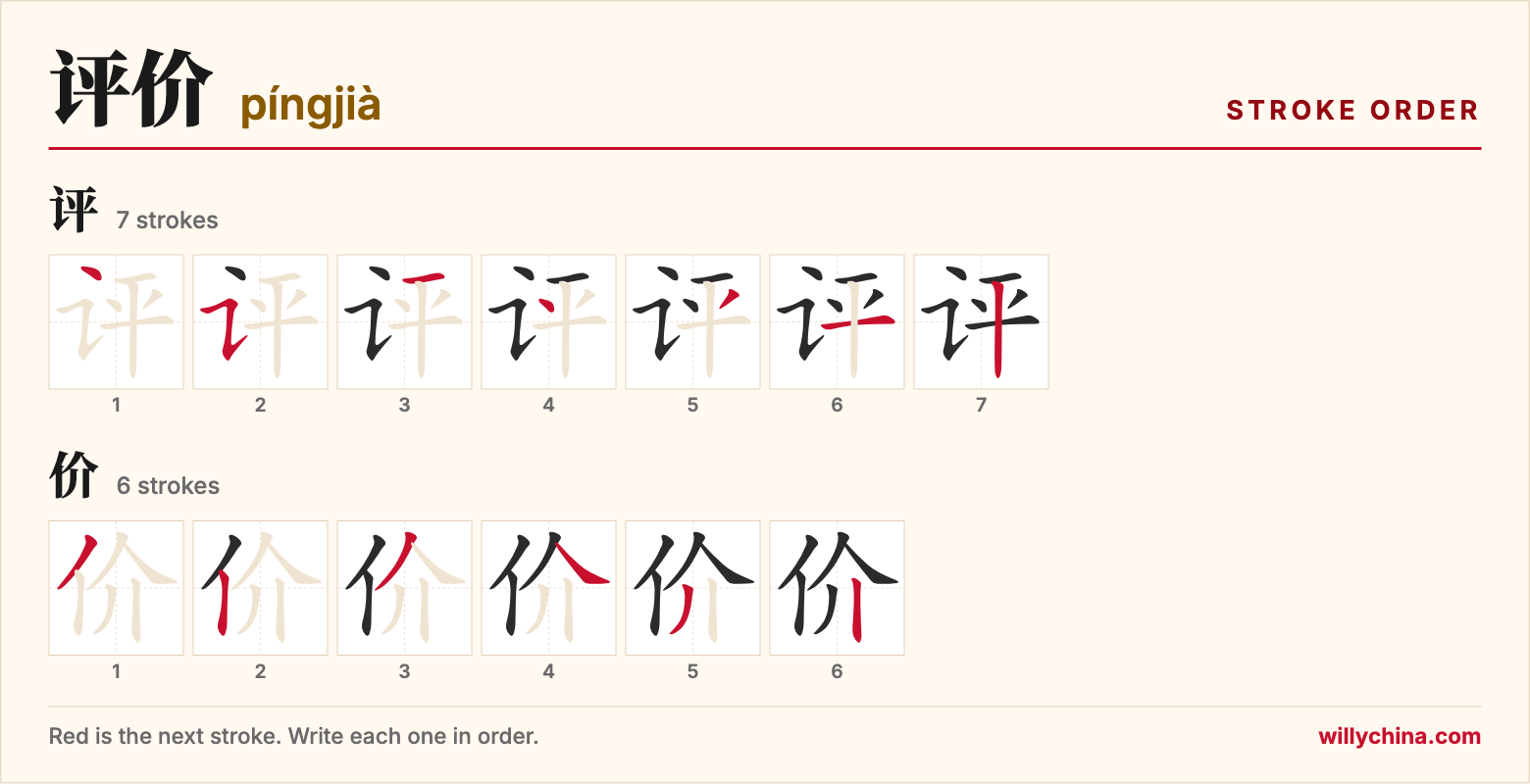 评价 (píngjià) stroke order chart: each stroke of the characters in the order you write them