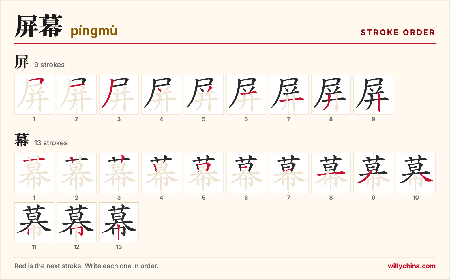 屏幕 (píngmù) stroke order chart: each stroke of the characters in the order you write them