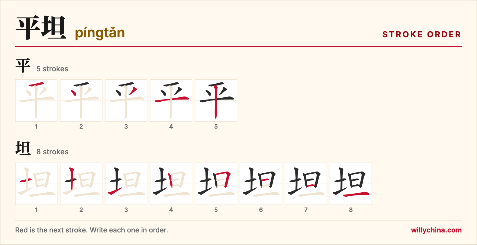 平坦 (píngtǎn) stroke order chart: each stroke of the characters in the order you write them