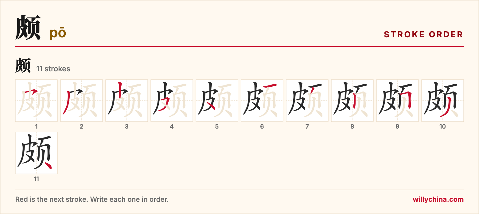 颇 (pō) stroke order chart: each stroke of the character in the order you write it