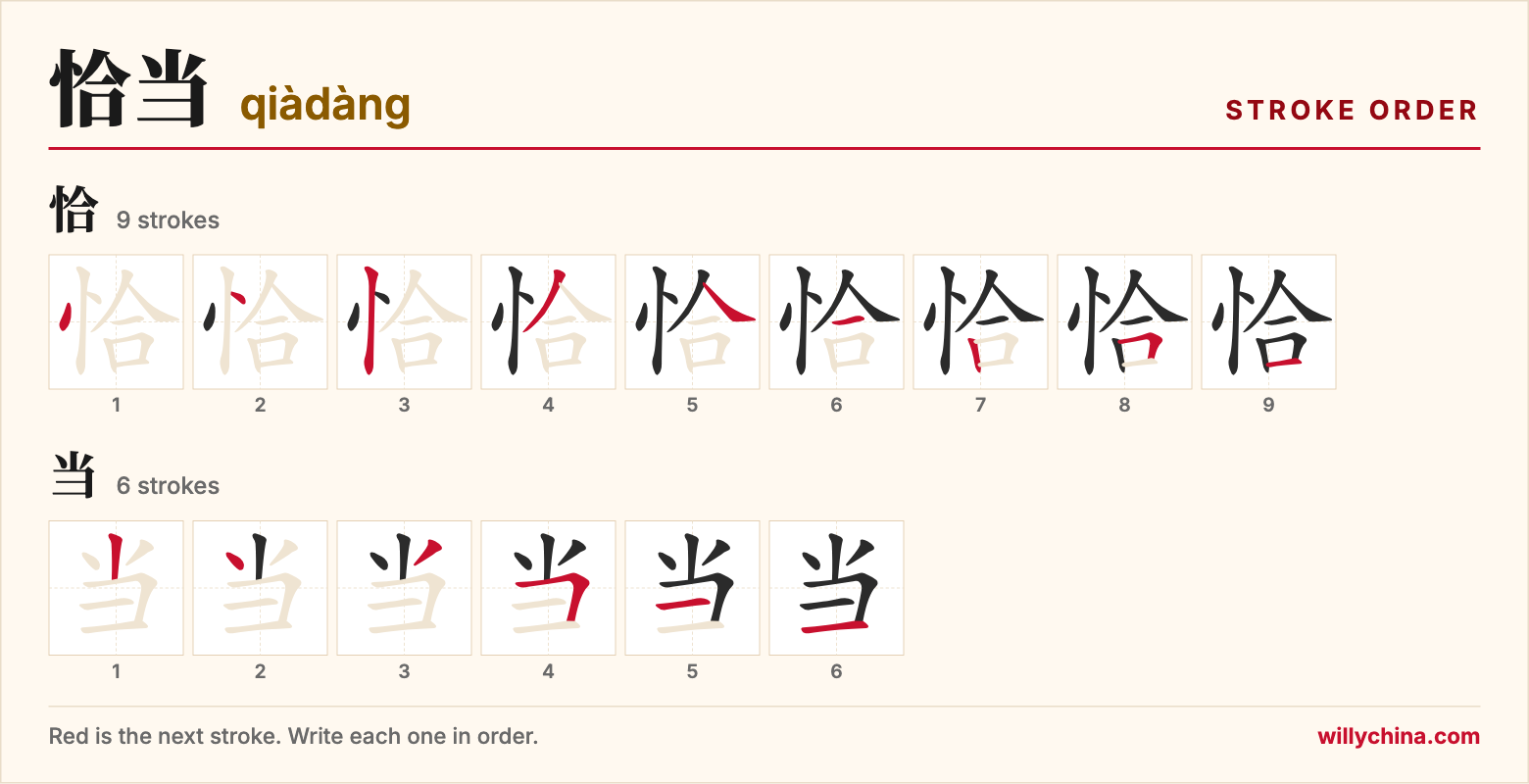 恰当 (qiàdàng) stroke order chart: each stroke of the characters in the order you write them
