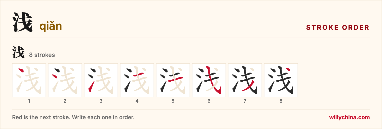 浅 (qiǎn) stroke order chart: each stroke of the character in the order you write it