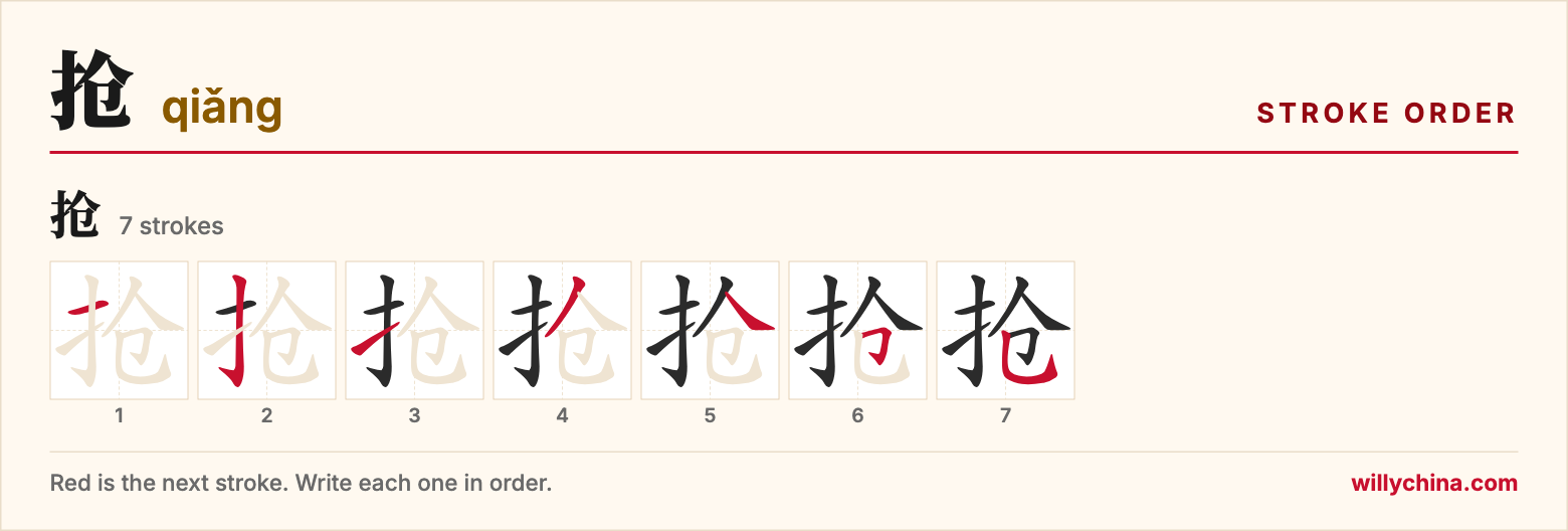 抢 (qiǎng) stroke order chart: each stroke of the character in the order you write it