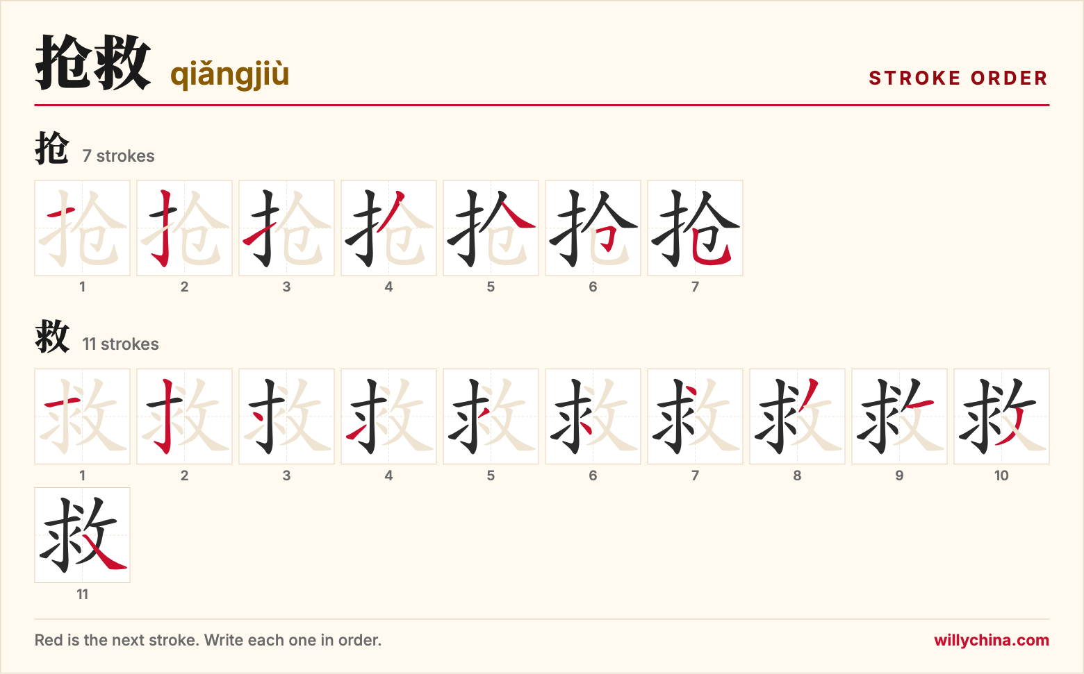 抢救 (qiǎngjiù) stroke order chart: each stroke of the characters in the order you write them