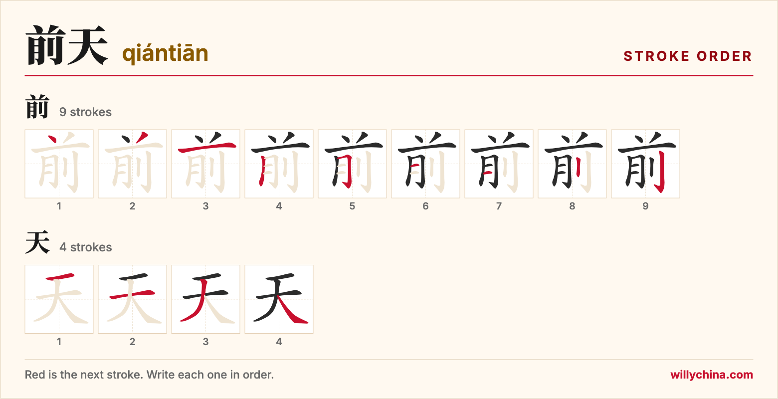 前天 (qiántiān) stroke order chart: each stroke of the characters in the order you write them