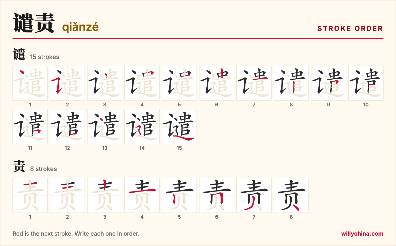 谴责 (qiǎnzé) stroke order chart: each stroke of the characters in the order you write them