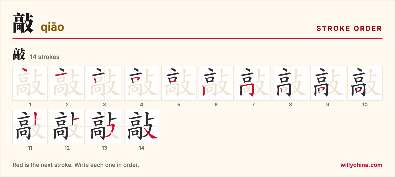 敲 (qiāo) stroke order chart: each stroke of the character in the order you write it