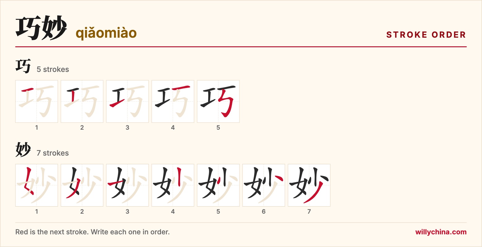 巧妙 (qiǎomiào) stroke order chart: each stroke of the characters in the order you write them